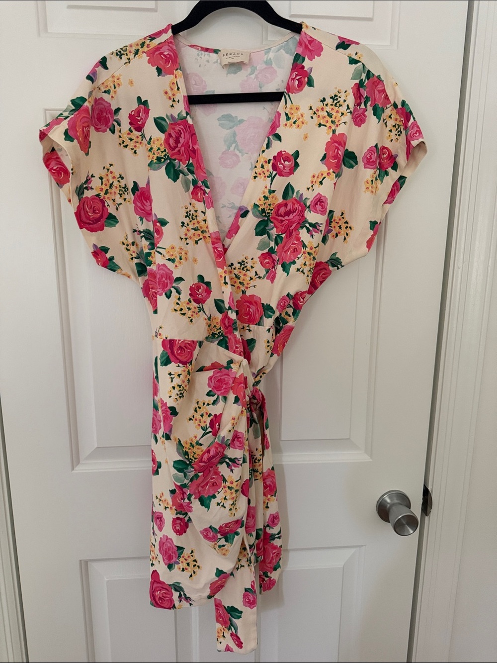 Sezane Cream Wrap Dress with Pink Rose Print